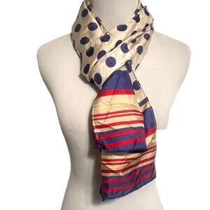 Cejon NEW Silk Scarf Womens White Blue Red Colorful Polka Dots Stripes Silky